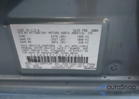 2009 Mitsubishi Galant из США, поврежденный, VIN 4A3AB36FX9E007868